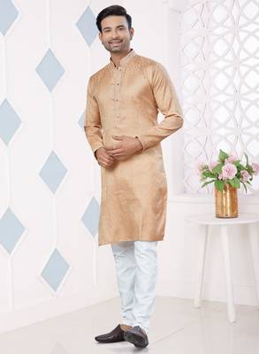 Light Brown jecquard with pintex work kurta pyjama for mens wear 1