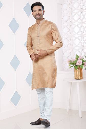 Light Brown jecquard with pintex work kurta pyjama for mens wear