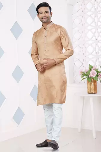 Light Brown jecquard with pintex work kurta pyjama for mens wear