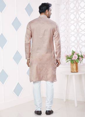 Light peach jecquard with pintex work kurta pyjama for mens wear 3