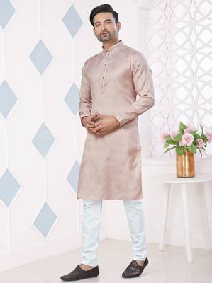 Light peach jecquard with pintex work kurta pyjama for mens wear 1