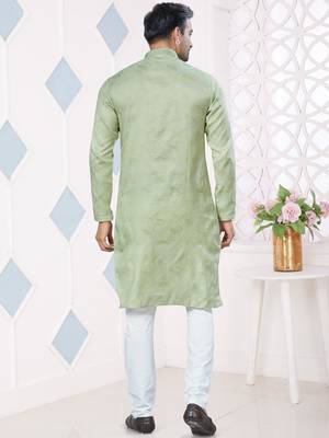 Green jecquard with pintex work kurta pyjama for mens wear 3