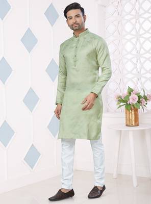 Green jecquard with pintex work kurta pyjama for mens wear 1