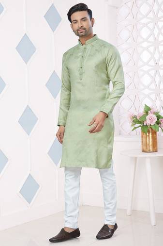 Green jecquard with pintex work kurta pyjama for mens wear