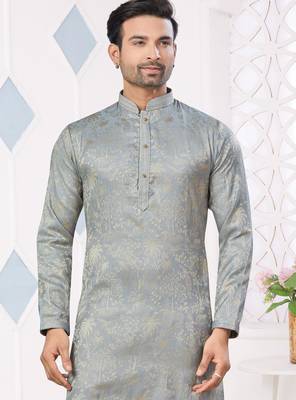 Grey jecquard with pintex work kurta pyjama for mens wear 2