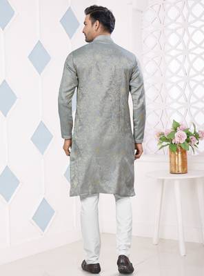 Grey jecquard with pintex work kurta pyjama for mens wear 3