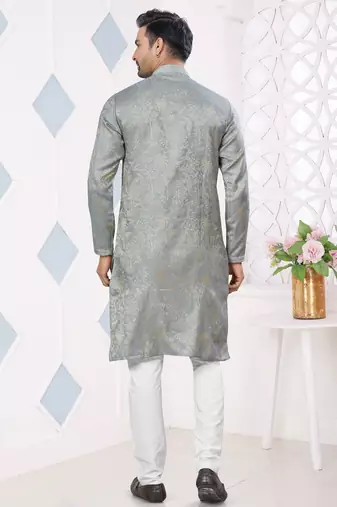 Grey jecquard with pintex work kurta pyjama for mens wear