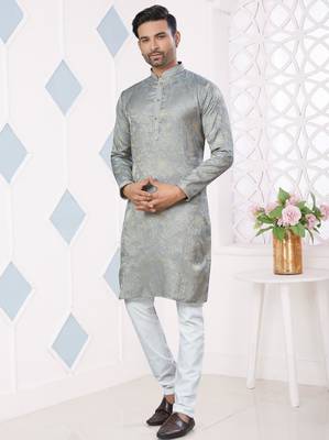 Grey jecquard with pintex work kurta pyjama for mens wear 1
