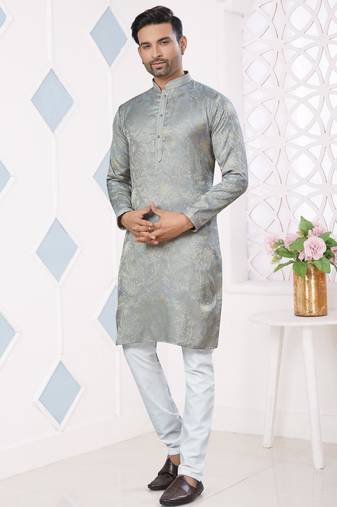 Grey jecquard with pintex work kurta pyjama for mens wear