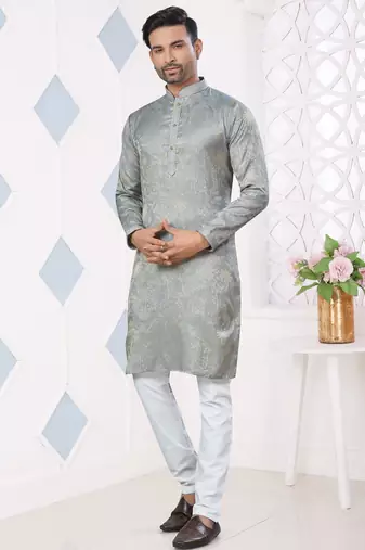 Grey jecquard with pintex work kurta pyjama for mens wear