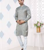 Grey jecquard with pintex work kurta pyjama for mens wear
