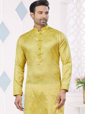 Yellow jecquard with pintex work kurta pyjama for mens wear 2