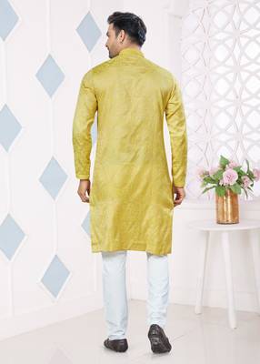 Yellow jecquard with pintex work kurta pyjama for mens wear 3