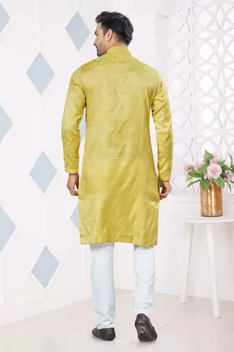 Yellow jecquard with pintex work kurta pyjama for mens wear