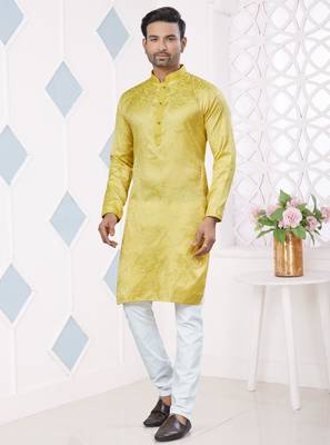 Yellow jecquard with pintex work kurta pyjama for mens wear 1
