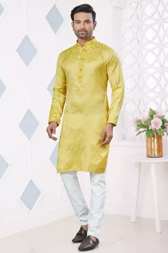 Yellow jecquard with pintex work kurta pyjama for mens wear