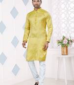Yellow jecquard with pintex work kurta pyjama for mens wear
