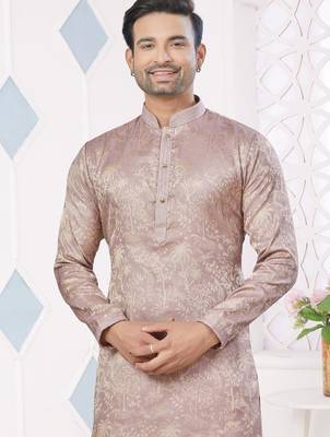 Brown jecquard with pintex work kurta pyjama for mens wear 2