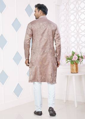 Brown jecquard with pintex work kurta pyjama for mens wear 3