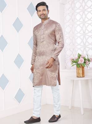 Brown jecquard with pintex work kurta pyjama for mens wear 1