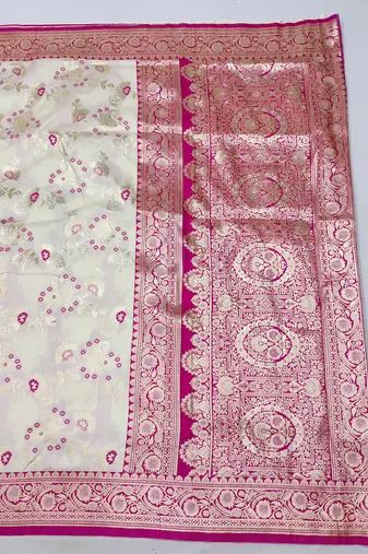 Cream banarasi Art silk blend saree with blouse