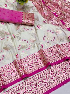 Cream Art silk blend saree with blouse 3