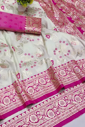 Cream banarasi Art silk blend saree with blouse