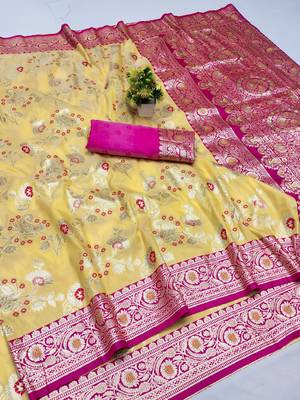 Yellow banarasi Art Silk kanjivaram Art Silk saree with blouse 1