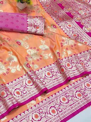 Orange Art silk blend kanjivaram Art silk blend saree with blouse 3