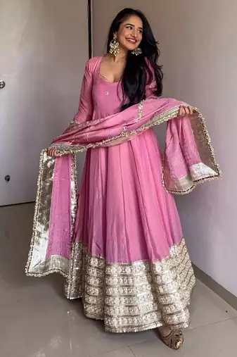 PINK VICHITRA SILK EMBROIDERY  PARTY WEAR SUIT SET 