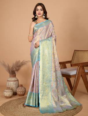 Baby pink woven banarasi design saree with blouse piece 1