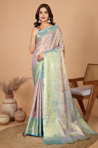 Baby pink woven banarasi design saree with blouse piece