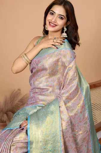 Baby pink woven banarasi design saree with blouse piece