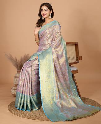 Baby pink woven banarasi design saree with blouse piece 3