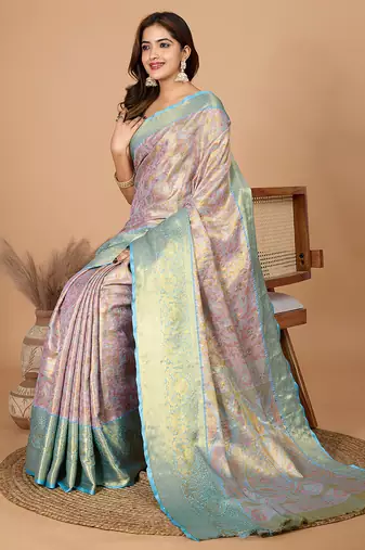 Baby pink woven banarasi design saree with blouse piece