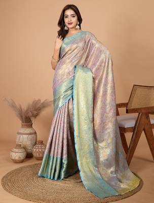 Baby pink woven banarasi design saree with blouse piece 4