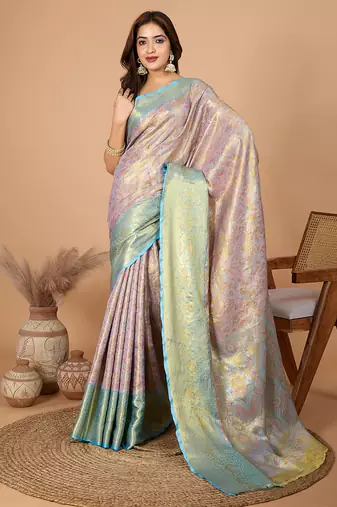 Baby pink woven banarasi design saree with blouse piece