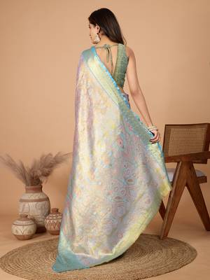 Baby pink woven banarasi design saree with blouse piece 5