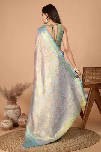 Baby pink woven banarasi design saree with blouse piece