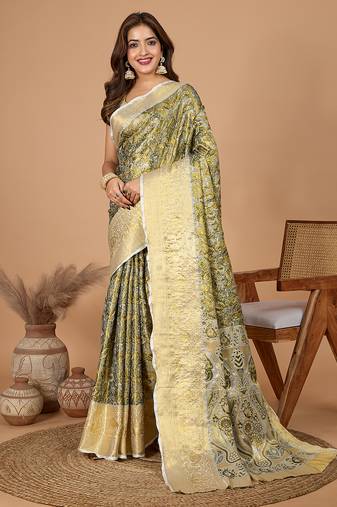 Mehendi woven banarasi design saree with blouse piece