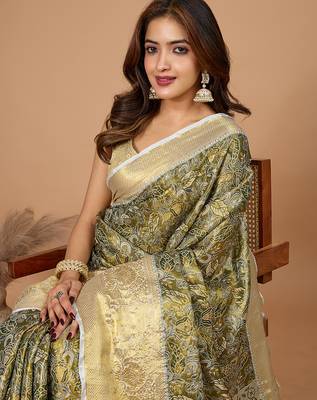 Mehendi woven banarasi design saree with blouse piece 2