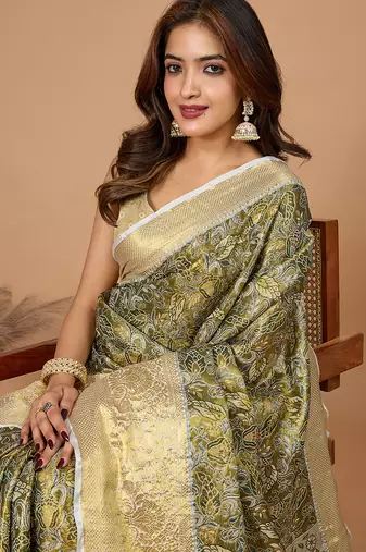 Mehendi woven banarasi design saree with blouse piece