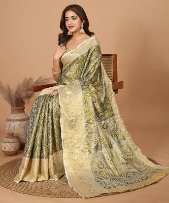 Mehendi woven banarasi design saree with blouse piece 3