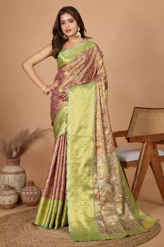 Pink woven banarasi design saree with blouse piece