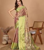 Pink woven banarasi design saree with blouse piece