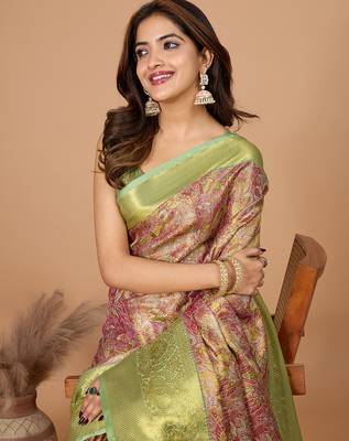 Pink woven banarasi design saree with blouse piece 2