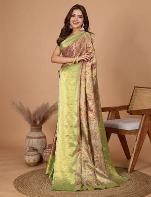Pink woven banarasi design saree with blouse piece 4