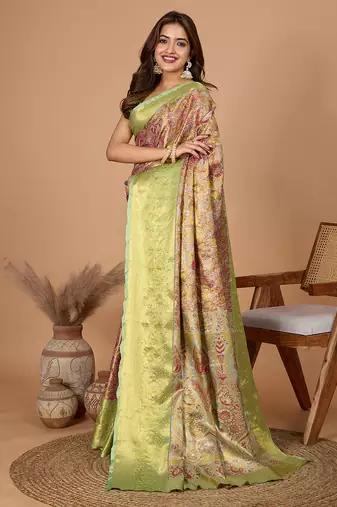 Pink woven banarasi design saree with blouse piece