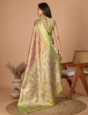 Pink woven banarasi design saree with blouse piece 5