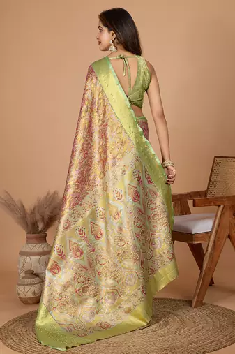 Pink woven banarasi design saree with blouse piece